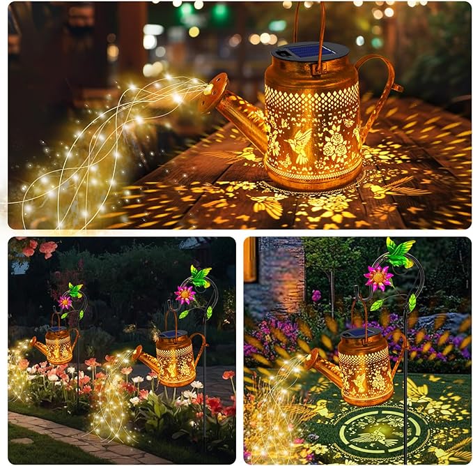 2 Pack Solar Lanterns Outdoor Waterproof, Gift for Mom Grandma Women Wife Daughter Mother's Day, Hummingbird Watering Can Garden Light With Shepherd Hook, Solar Path Light Yard Art Outside Patio Decor