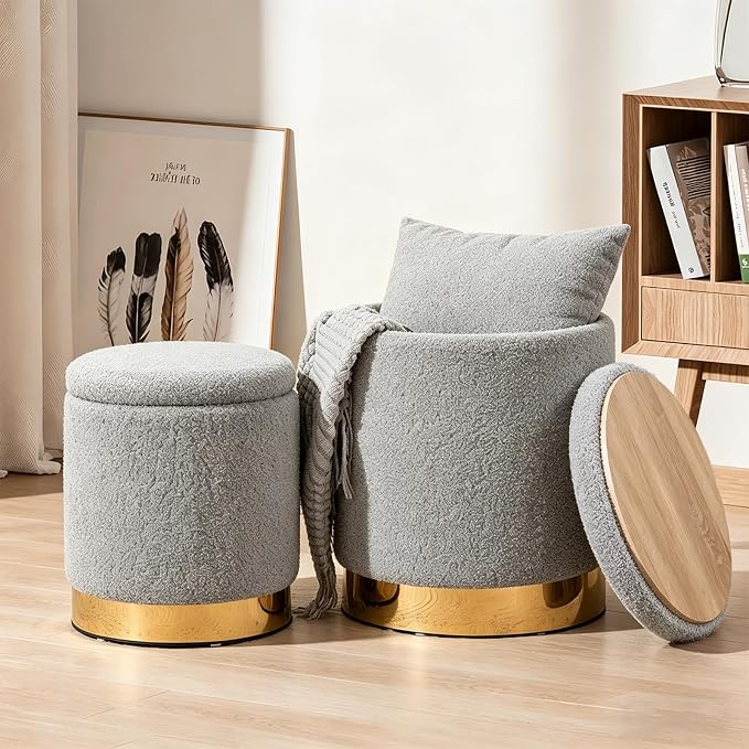 Round Ottoman with Storage Set of 2 Gray Teddy Vanity Stool