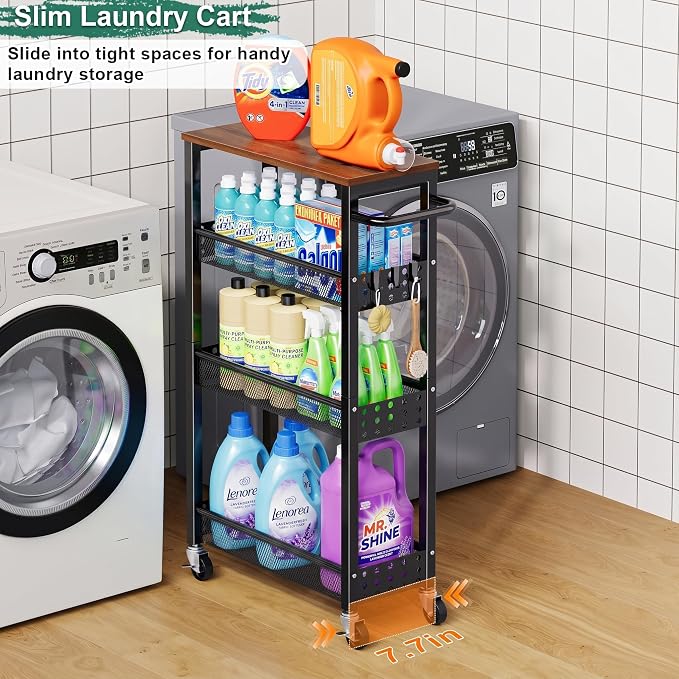 Laundry Room Slim Rolling Cart with Wheels for Between Washer and Dryer Gap | Utility Slim Storage Cart with Table Top, Small Laundry Organizers and Storage Shelves, Thin Shelf for Narrow Spaces, 4 Tier