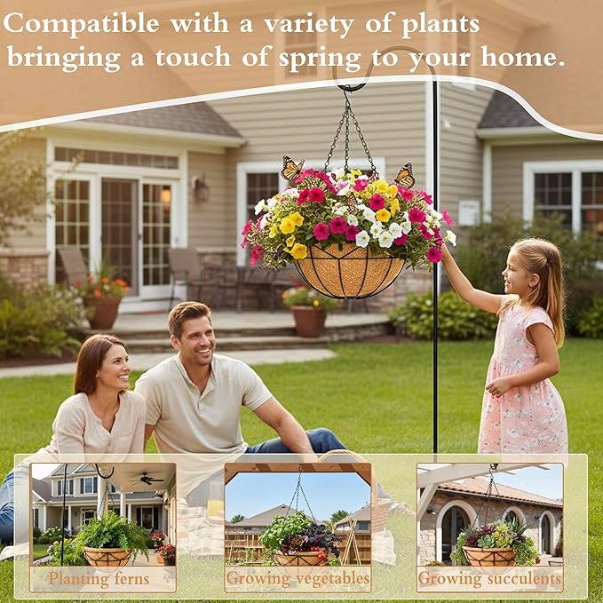 2 Pack 12" Round Metal Hanging Basket for Outdoor Plants Durable Large Hanging Planter with Coco Coir Round Plant Holders Planter for Outside Garden Decoration (Geometric)