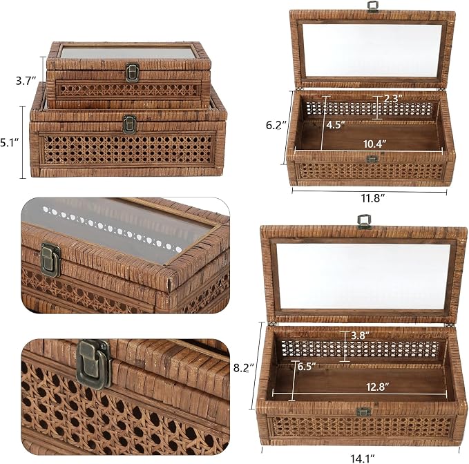 DECOR4SEASON Set of 2 Rattan and Cane Stacking Boxes,Brown,12"&14" | With Glass Top Lid,For Boho and Rustic Farmhouse Decor,Ideal for Storing Jewelry, Toys, and Keepsakes