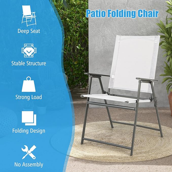 Tangkula Set of 2 Patio Folding Chairs, High Back Dining Chairs with Weather-Resistant Fabric, No Assembly, Outdoor Portable Metal Lawn Chairs with Armrests & Footrest for Garden (White)