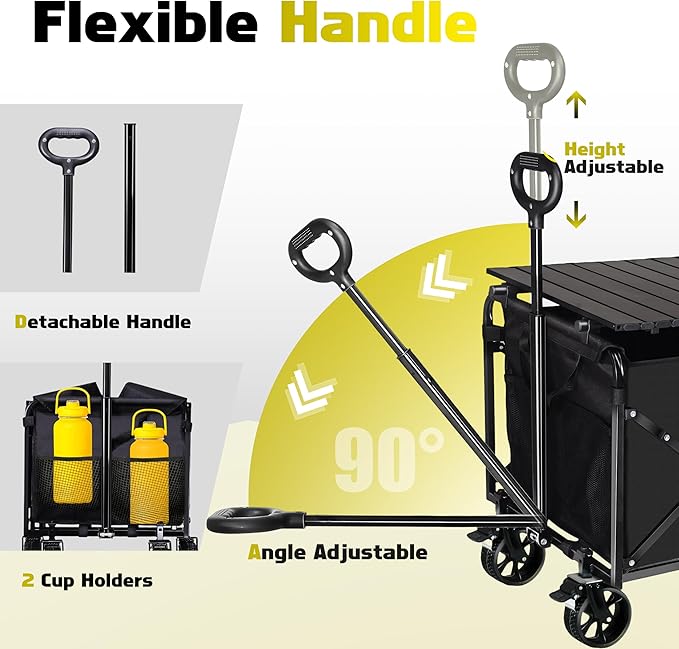 500LBS Collapsible Foldable Wagon Cart - 230L Large Wagons with Table, Heavy Duty Portable Utility Folding Cart with 360° Swivel Brakes Wheels & 2 Cup Holders, for Shopping Camping Beach Garden & Fish