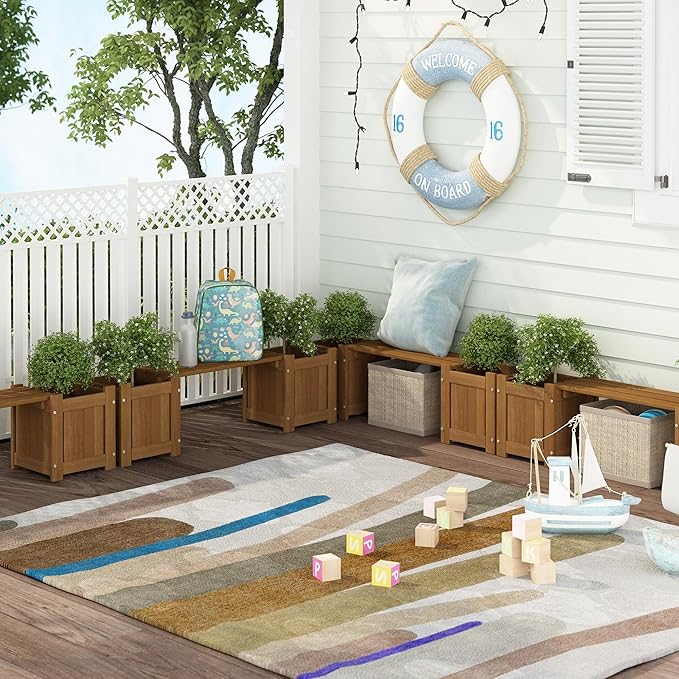 Furinno TIOMAN Mini Planter Box with Bench, Hardwood Flower Box with Seat, Cube Garden Box, in Teak Oil, Outdoor Indoor, Garden, Patio, Balcony, Light Wood