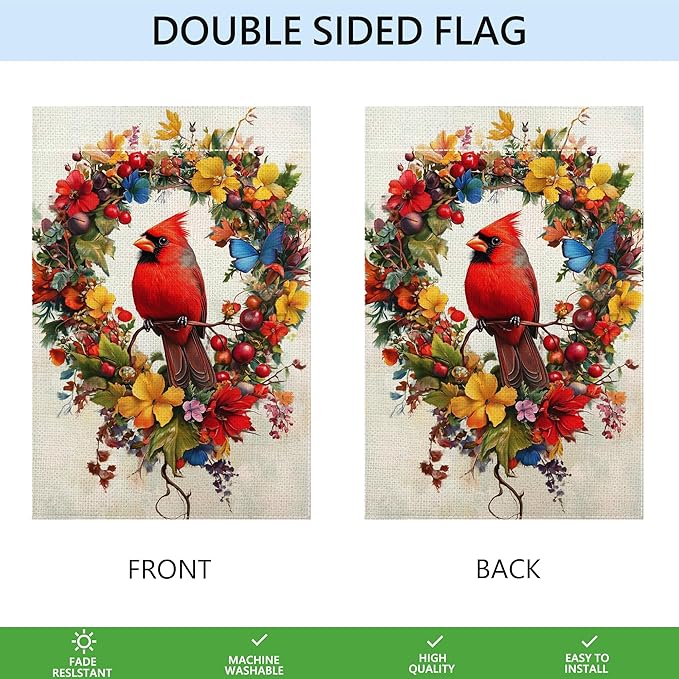 Red Bird Butterfly Flowers Garden Flag 12x18 Inch Double Sided Spring Summer Cardinal Colorful Floral Love Hearts Yard Outdoor Flag House Holiday Outside Decoration