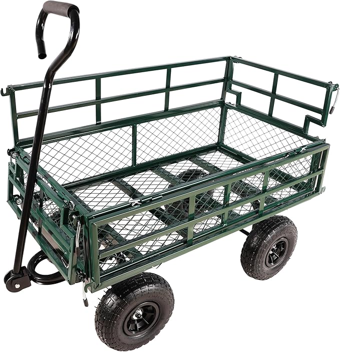 Steel Garden Cart 600 lbs Capacity Heavy Duty Garden Wagons,with Removable Steel Mesh Sides to Convert into Flatbed,Utility Metal Wagon w/ 180°Rotating Handle (Green-Pneumatic-Double Height)