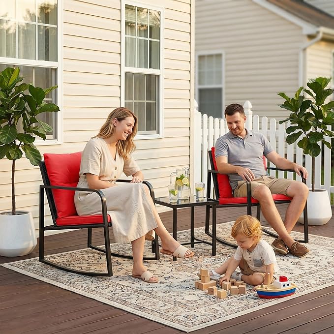 Flamaker Patio Chairs 3 Piece Wicker Rocking Chair Outdoor Bistro Sets with Coffee Table and Cushions Metal Frame Patio Furniture for Porch, Balcony, Lawn (Red)