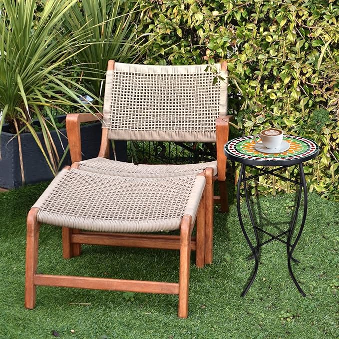 Vipush Mosaic Outdoor Side Table, 14" Round Folding Plant Stand for Patio Garden Backyard Balcony Porch Indoor Accent End Table for Living Room, Ceramic Tabletop with Black Iron, Sunflower
