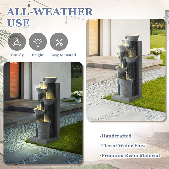 Grepatio Outdoor 5-Tiers Cascading Water Fountain, Garden Waterfalls Fountain with LED Lights, 24" H Modern Indoor Floor Standing Water Fountains with Pump for Patio, Yard, Deck Decor (Greyish Black)