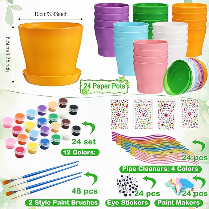 24 Set Garden Plastic Paintable Flower Pot Craft Kit 4" Starter Pots DIY Painting Party Supplies Acrylic Paint Strips Gardening Kit for Planting Crafts Birthday Spring Gift (Round)