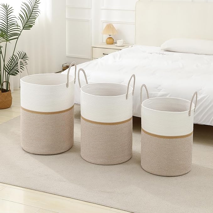 Laundry Basket Hamper Tall Rope Storage Woven for Blanket toys Dirty Clothes in Living Room Bathroom Bedroom (Blend White & Camel, 60L/15.8Gal)