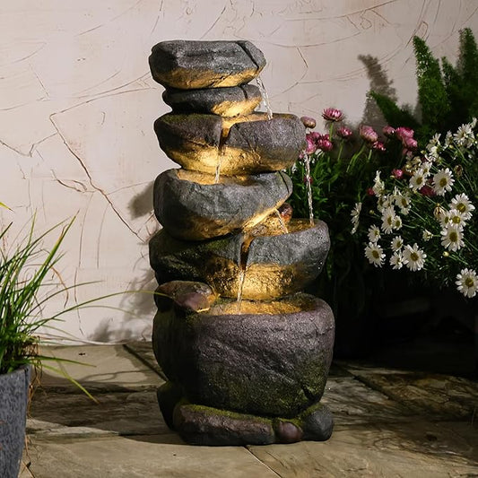 Bumilgar 27.8" H Outdoor Water Fountain with LED Lights, 5-Tier Cascading Stone Waterfall Fountain, Natural Rock Resin Outdoor Water Fountain for Garden Patio Backyard Porch Indoor Decor