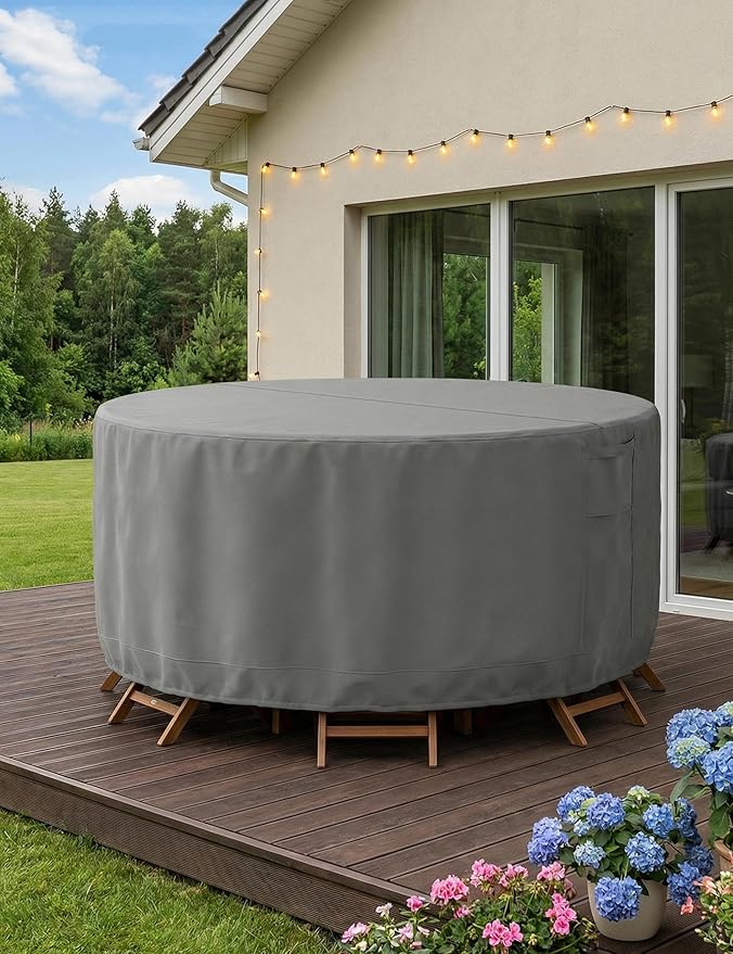 Vailge Patio Furniture Covers Round, Outdoor Furniture Covers Waterproof Windproof, 600D Oxford Outdoor Patio Table and Chair Cover (Grey, 72"DIAx28"H)