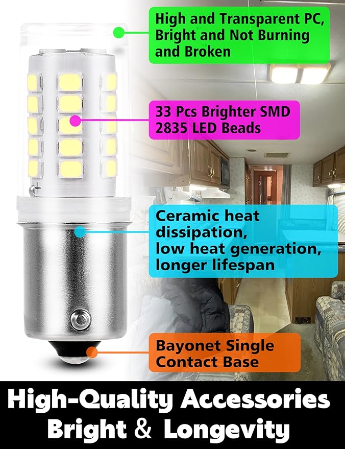 Super Bright 12-24V BA15S 1156 1141 1003 7506 LED Bulbs , 5W 500LM Low Voltage Bayonet Single Contact Bulb for RV Landscape Camper Marine Boat Trailer Interior Lights, 6000K Daylight White, 10Pack