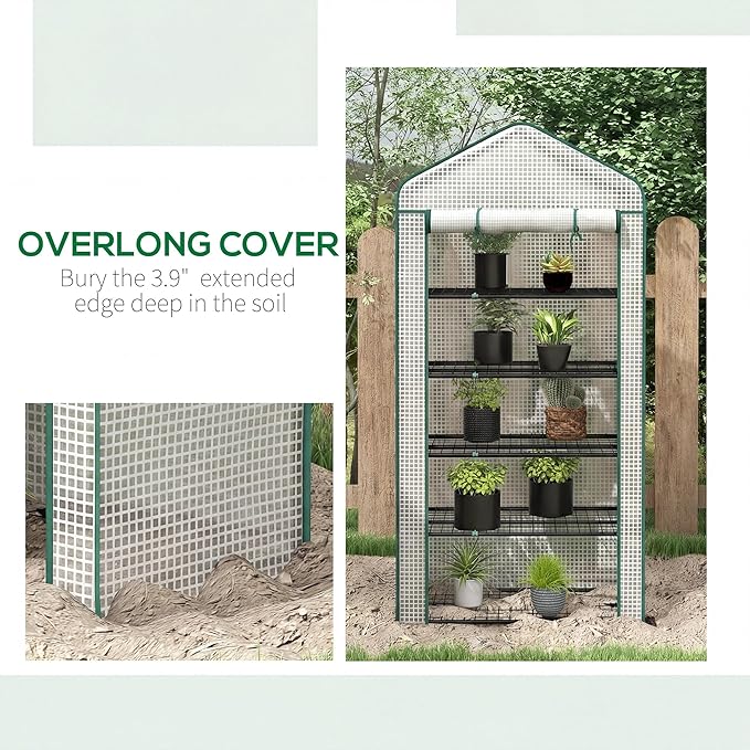Outsunny 5 Tier Mini Greenhouse, 76" x 35.4" x 19.3" Small Portable Greenhouse with Reinforced PE Cover, Roll-Up Zippered Door, for Indoor Outdoor Garden Yard Backyard, White