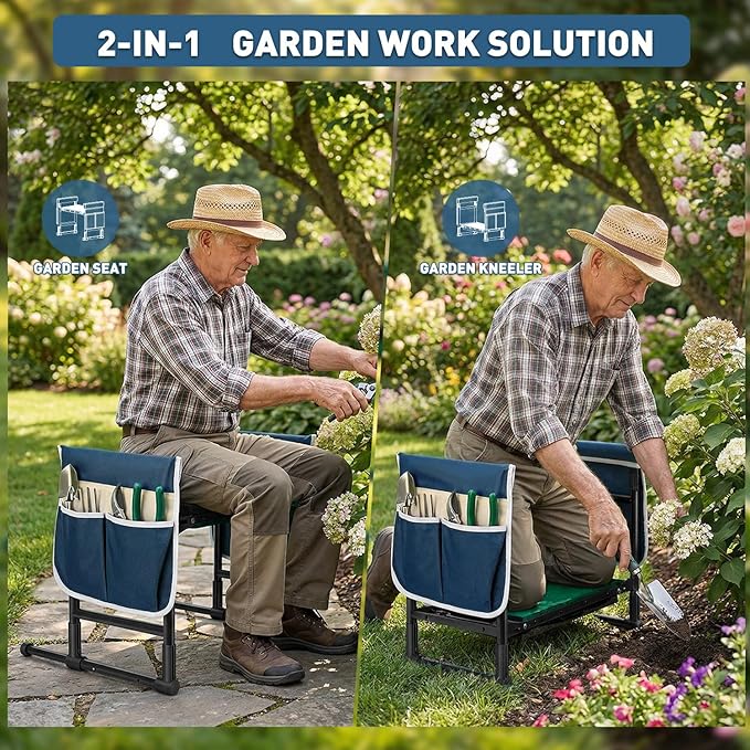 Garden Kneeler and Seat for Seniors – Heavy Duty Anti-Tip Gardening Stool with Widened Thick Soft Kneeling Pad, Foldable Garden Bench with Sturdy Handles, Gardening Gifts for Women Men Mom (Blue)
