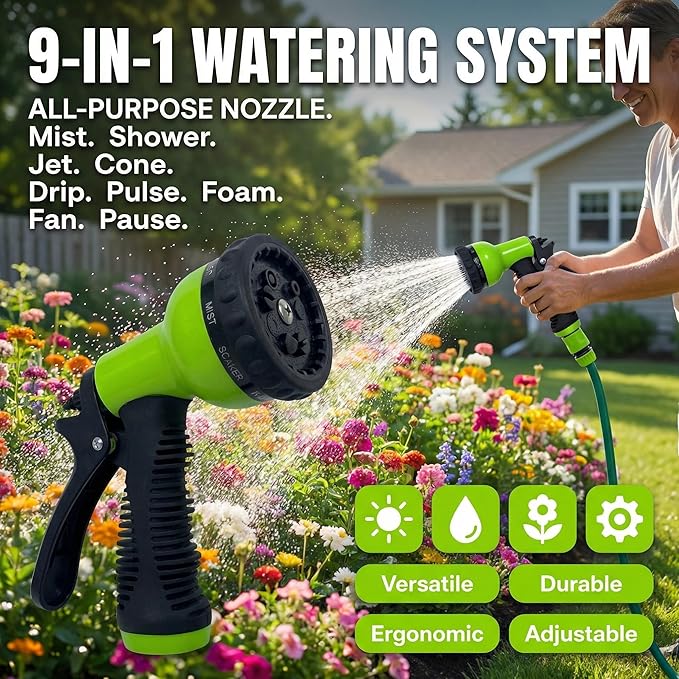 Garden Hose Nozzle Sprayer– this high heavy-duty spray nozzle offer 9 watering patterns for watering plants, lawns & gardens, washing cars, household (Green Dark)