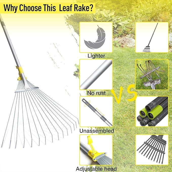JARDINEER Adjustable Rakes for Leaves, Large Garden Leaf Rake for Lawns Grass with 7-23" Expandable Head, Yard Collapsible Rake for Camping (64 inches)