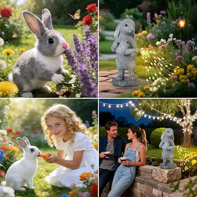 Garden Statues Dog Statue with Solar LED Light, Ideal Gifts for Friends or Family's Birthday, Outdoor Decorations for Yard, Bunny Gift for Easter
