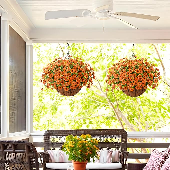 ZFProcess Artificial Faux Hanging Plants Flowers Basket for Fall Outdoor Decoration, Fake Silk Daisy in Planter Realistic UV Resistant Look Real for Porch Home Patio Balcony Yard(Orange)