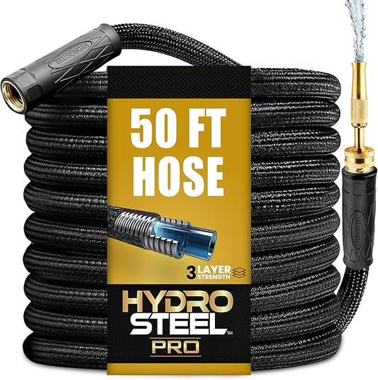 Hydrosteel PRO 50 Ft Metal Garden Hose with Nozzle, Water Hose Made from Heavy Duty 304 Stainless Steel, Flexible, Lightweight, Brass Crush Resistant Fittings, Non Kinking, 5/8” Diameter, 600 PSI