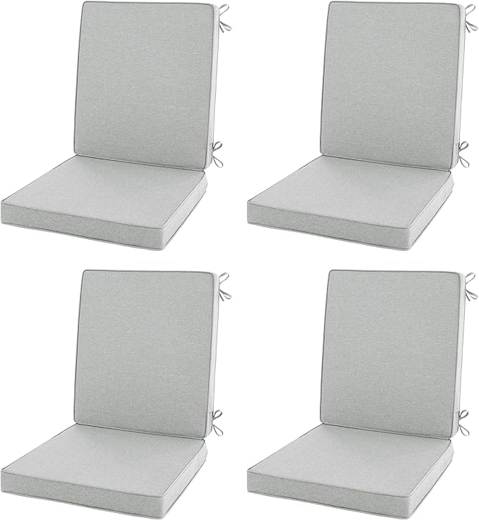 Outdoor Chair Cushions, Water-Resistant & Fade-Resistant, Patio Furniture Lawn Dining Chair Seat Replacement with Mid Back, Ties Zipper, Removable Cover, 18 x 16.5 Inch, Set of 4, Light Grey