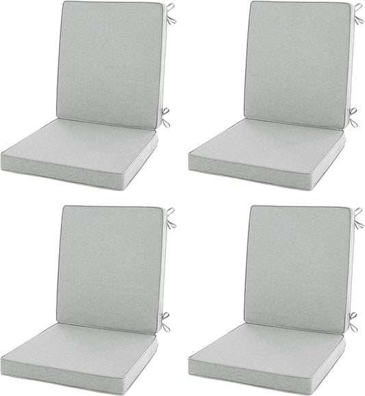 Outdoor Chair Cushions, Water-Resistant & Fade-Resistant, Patio Furniture Lawn Dining Chair Seat Replacement with Mid Back, Ties Zipper, Removable Cover, 18 x 16.5 Inch, Set of 4, Light Grey