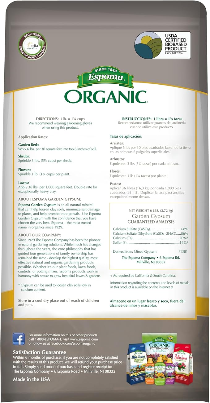 Espoma Organic Garden Gypsum Soil Conditioner; All-Natural & pelletized mined Gypsum with no fillers or additives. Helps Loosen Clay Soil; 6 lb. Bag Pack of one