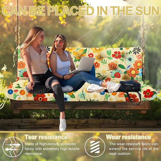 Extra Thick 5" Waterproof Porch Swing Cushions Outdoor 60 inch Swing Cushions 3 Seater Replacement with Backrest and Ties for Outdoor Furniture Patio Bench Garden (Flower03)