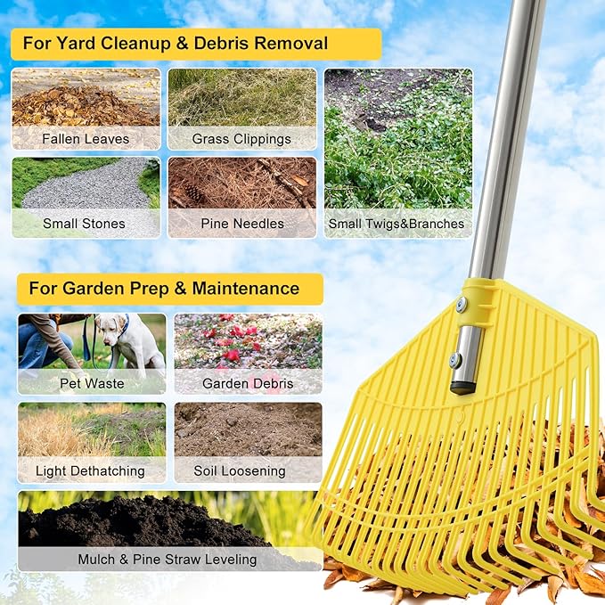 Lightweight Leaf Rake for Lawns - Anti-Break Nylon Plastic Head,Easy Yard & Garden Rake for Women,Seniors,Kids, 16.5" Wide for Leaves, Grass,Pine Needles,Gardening,Adjustable 35–65" Long Handle