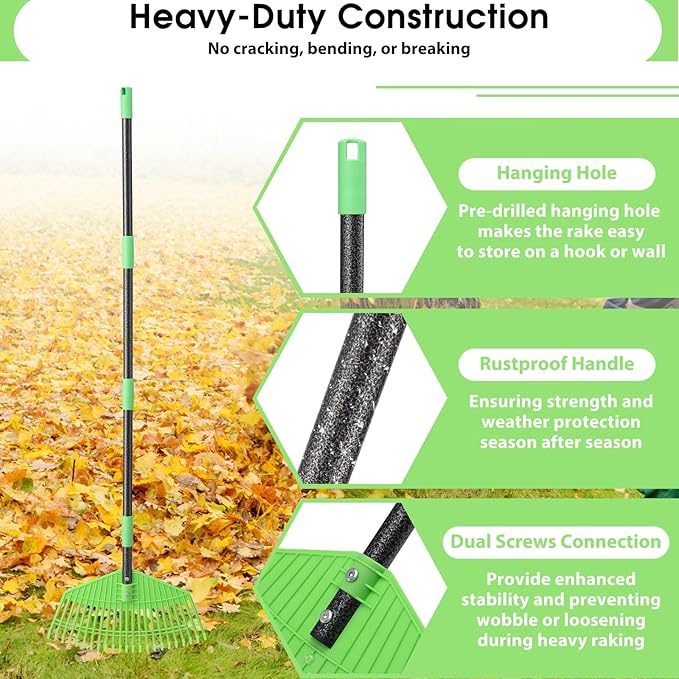 Garden Leaf Rake,16.5” Wide Plastic Leaf Rake for Lawn with 60” Long Handle, Plastic Yard Raking Tools for Lawn Turf Leaves Grass Thatch Debris Pine Needle Cleanup, Lightweight for Kid