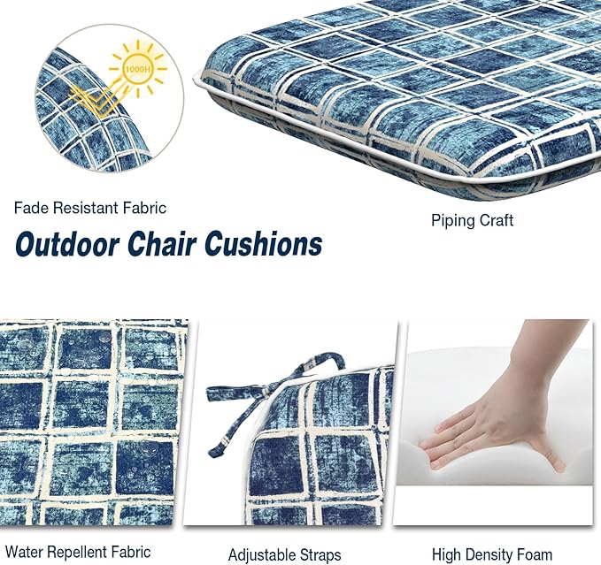 Outdoor Chair Cushions Set of 4, Water Resistant Patio Chair Pads with Ties, Seat Cushions for Home Garden Furniture Decoration, 16"x17",Denim Blue Checkered