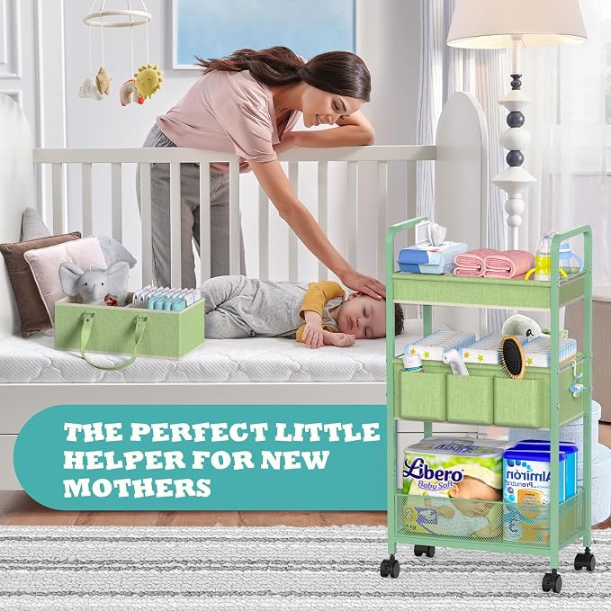 LIDTOP 2in1 Baby Diaper Caddy Organizer Cart, 3-Tier Rolling Cart, Metal Diaper Caddy Carts, Bedside Carts for Nursery Essentials Storage, Detachable Dividers, Large Capacity, Green