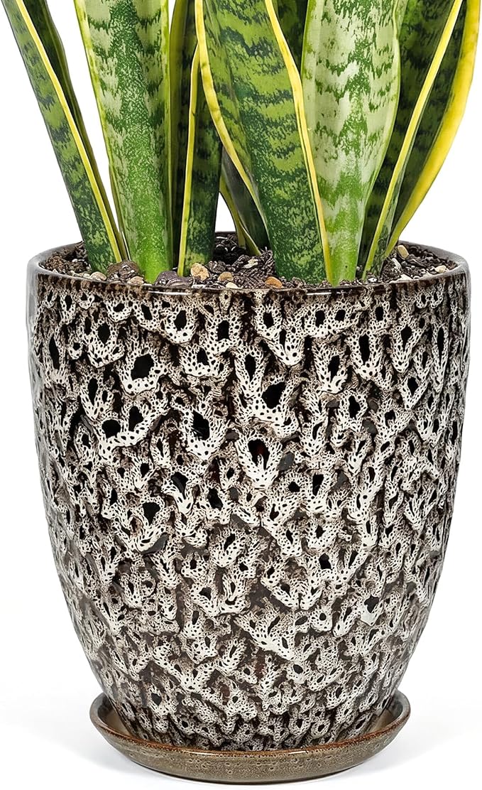 11.8 Inch Flower pots for Indoor Plants,Ceramic Planter with Saucer Drainage Leak-Proof Mesh Gardening Gloves (Spotted White)