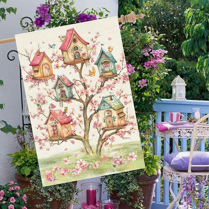 Baccessor Spring Birds House Flag Double Sided 28x40 Inch Burlap,Pink Floral Flower Tree Large Garden Flag Porch Patio Front Entry Yard Seasonal Farmhouse Outside Outdoor Decor