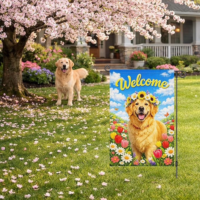 Heyfibro Spring Welcome Garden Flag 12x18 Inch Double Sided Golden Retriever Floral Garden Flag Small Yard Flags for Outside House Farmhouse Seasonal Spring Outdoor Decorations