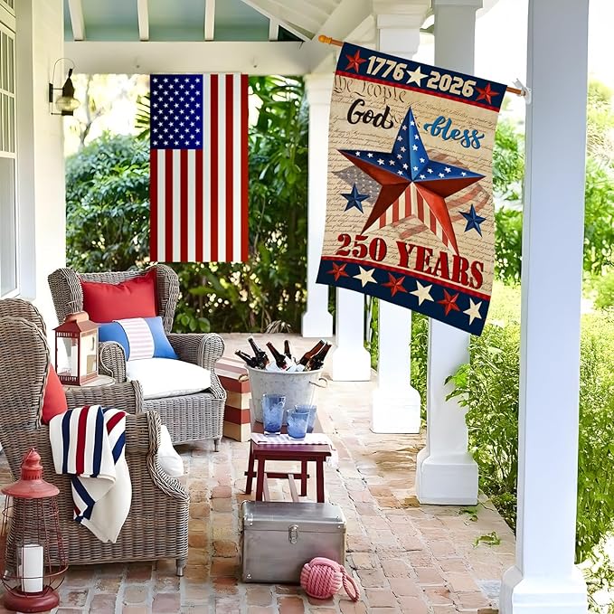 250 Anniversary USA Garden Flags for Outside, 4th of July 250th Years American Patriotic Banner, Blessing United States 12x18 Inch Double-Sided with Retro Star, 1776-2026 Yard Merchandise Decoration