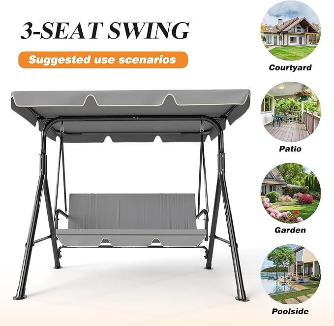 GARTOO 3-Seat Patio Swing Chair, Outdoor Porch Swing with Adjustable Canopy and Durable Steel Frame for Patio, Garden, Poolside(Grey)