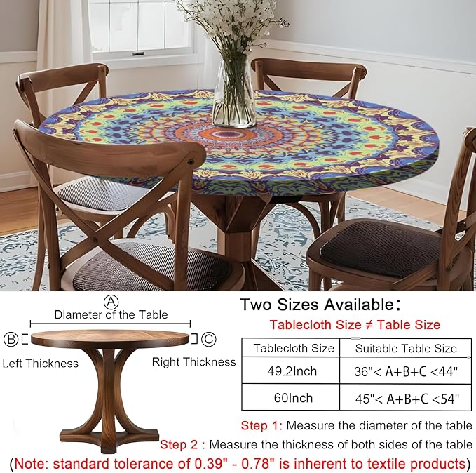 Fitted Waterproof Round Tablecloth Small Mandala Patio Table Cloths for 36-44" Tables Camper Travel Vacation Accessories Outdoor Road Trip Must Haves New Home Living Room House Decorations
