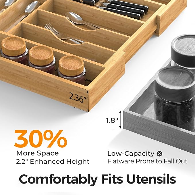 Bamboo Silverware Drawer Organizer, 6-8 Slots Kitchen Drawer Tray