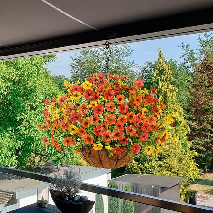 ZFProcess Artificial Faux Hanging Plants Flowers Basket for Fall Outdoor Decoration, Fake Silk Daisy in Planter Realistic UV Resistant Look Real for Porch Home Patio Balcony Yard(Red Orange Yellow)