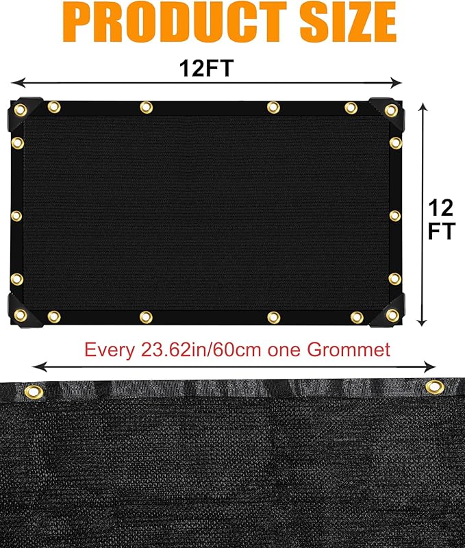 E.share 90%-95% Black Sun Shade Cloth 12FT x 12FT, Heavy Duty Outdoor Shade Netting with Reinforced Grommets, UV Resistant Breathable Fabric for Patio Garden Greenhouse Pergola Chicken Coop & Kennel