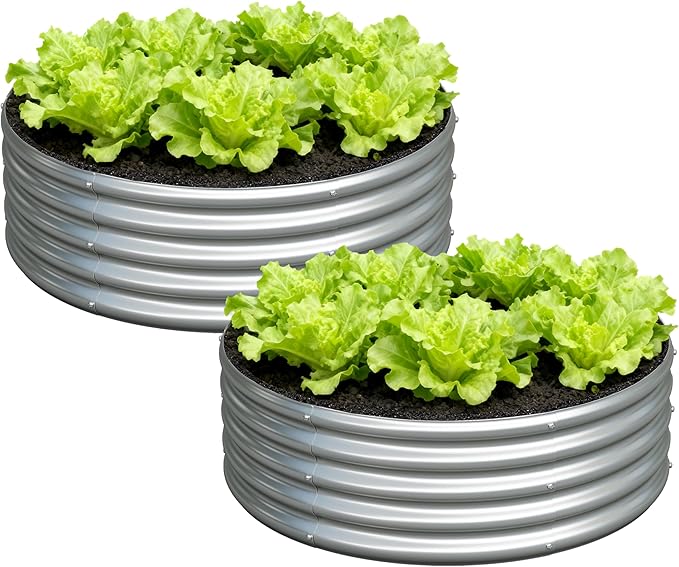 Foxlang 3x3x1ft(2 Pack) Galvanized Round Raised Garden Bed,Outdoor Planter Box Metal Patio Kit Planting Bed for Vegetables Flowers Herb,Silver