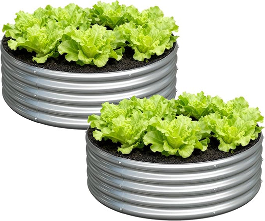 Foxlang 3x3x1ft(2 Pack) Galvanized Round Raised Garden Bed,Outdoor Planter Box Metal Patio Kit Planting Bed for Vegetables Flowers Herb,Silver