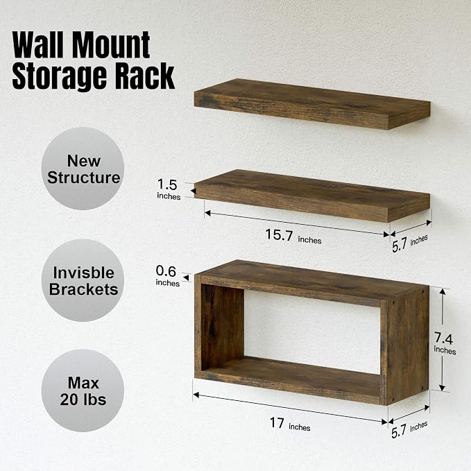 RICHER HOUSE 3-Set Brown Floating Wall Shelves, Bathroom Shelf Over Toilet | Cube Wall Mounted Shelves, Invisible Bracket, Moisture Resistant Shelves for Whterproof Bathroom Wall Decor Bedroom Storage