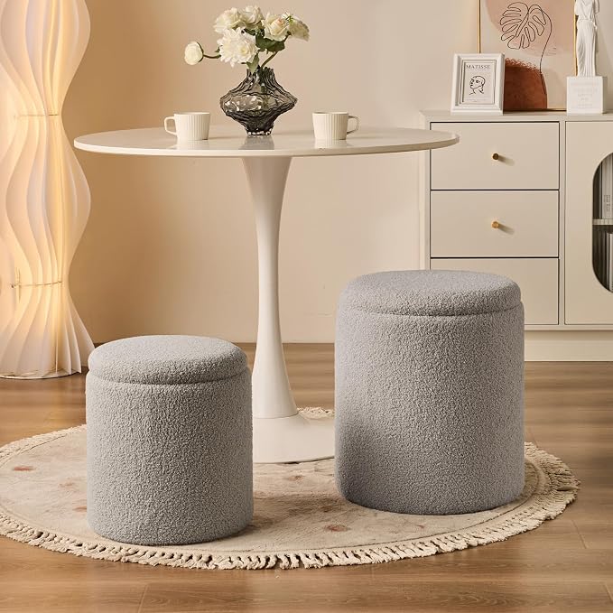 BLEXA Round Ottoman with Storage Set of 2 Gray Sherpa Vanity Stool | Multifunctional Ottomans Coffee Table Padded Seat Foot Rest for Living Room & Bedroom (Sherpa Gray)