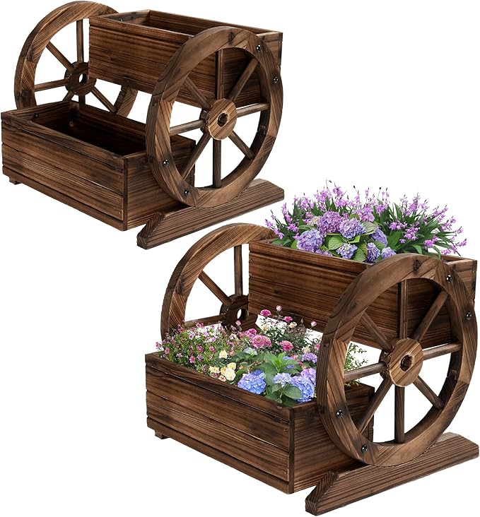 OIPRTGFJ 2PCS Wooden Wagon Planter Box, Garden Planter with Wheels,Decorative for Flowers Herbs Vegetables for Indoor & Outdoor Decor,Wooden Flower Cart for Patio Garden Balcony