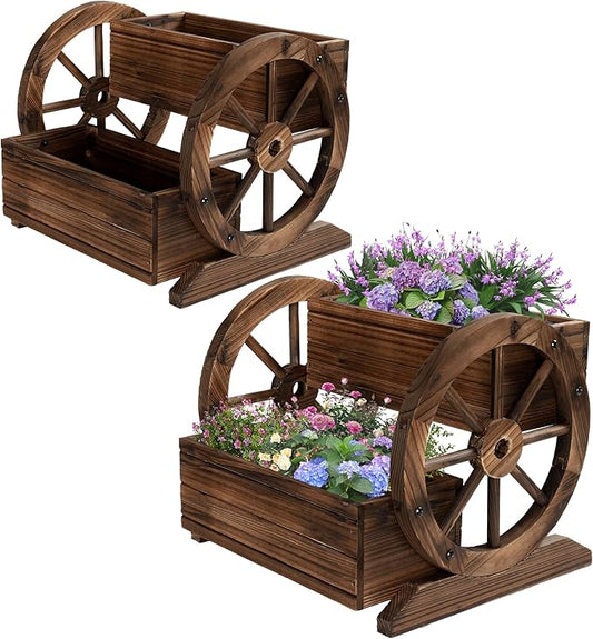 OIPRTGFJ 2PCS Wooden Wagon Planter Box, Garden Planter with Wheels,Decorative for Flowers Herbs Vegetables for Indoor & Outdoor Decor,Wooden Flower Cart for Patio Garden Balcony