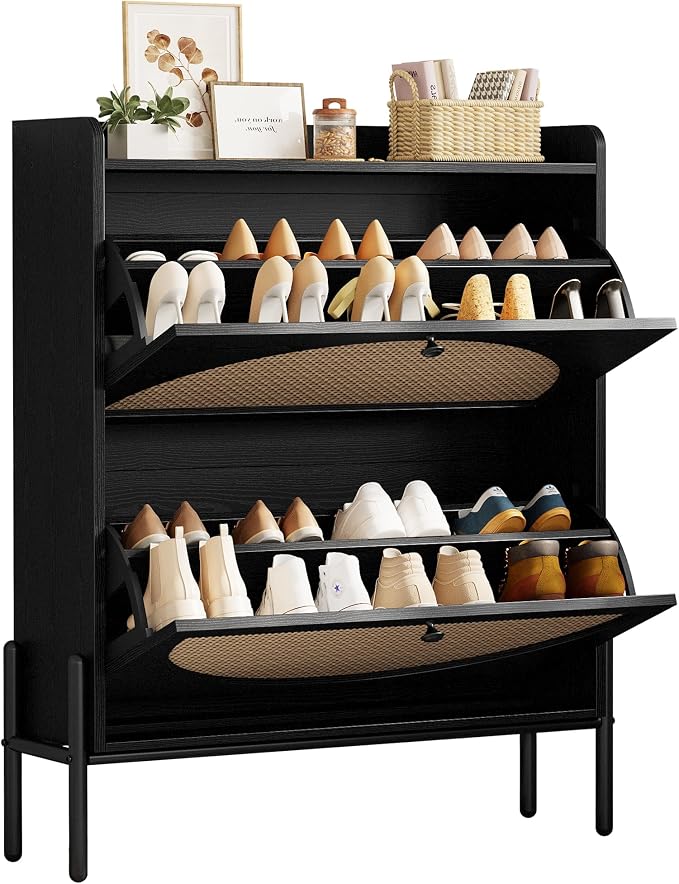 IRONCK Rattan Shoe Cabinet Storage with 2 Flip Drawers, Black