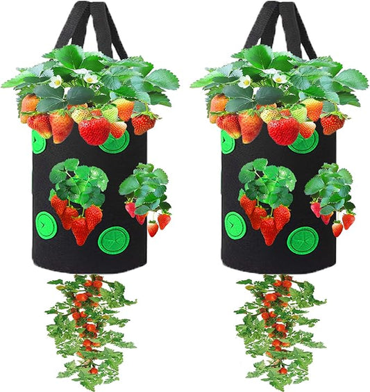 Miewslan 2 Pack Gardens Upside Down Strawberry Planter, Hanging Tomato Strawberry Grow Planter Garden Vegetable Planting Bags with Holes(Black)